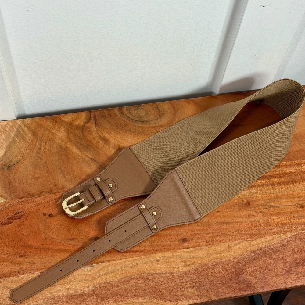 Signature Collection‎ Women's Elastic Stretch Belt Tan Faux Leather Gold Buckle